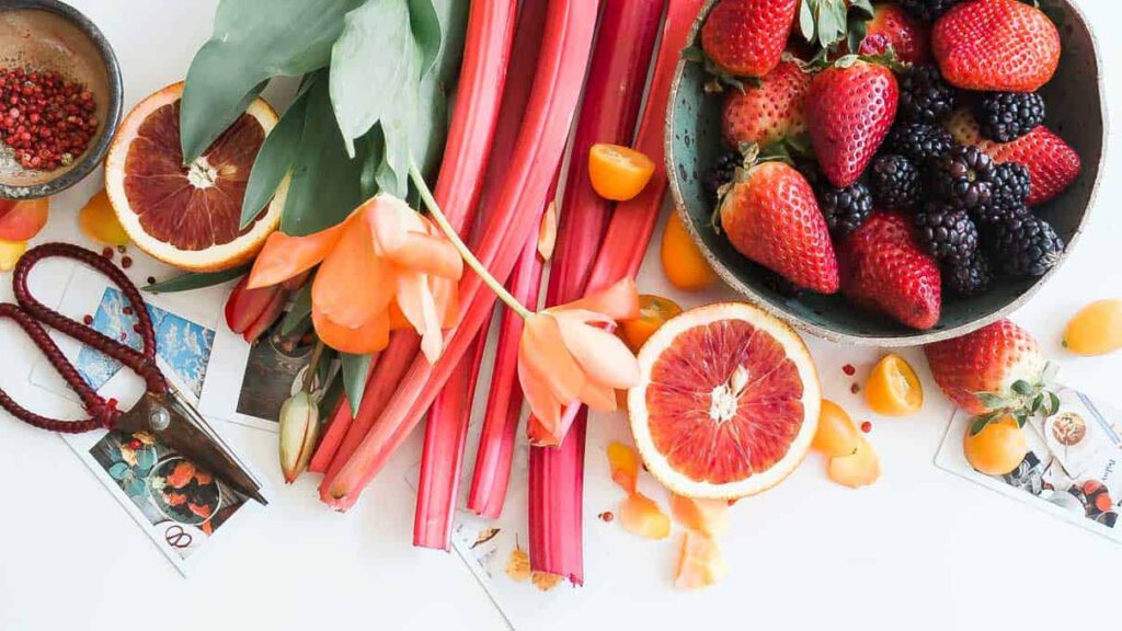 Close up view of various fruits and vegetables